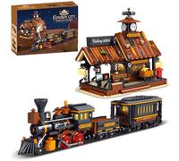 DUANT 39117 Cowboy City Train Station Blocs de construction avec lumières LED, 2640 pièces de gare de l'Ouest occidental et train à vapeur pour adultes, architecture Wild West