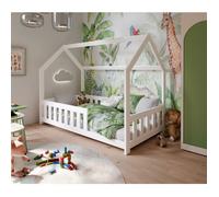 KOBI Lit Enfant Blanc avec Matelas | Maison en Bois Naturel Non Vernis | 80x160 cm | Sécurisé avec Barrière | Stéré Flex | Montage Facile | Design Écologique et Fonctionnel