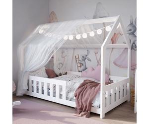 DUBI - Lit cabane pour enfant 80 x 160 cm blanc avec sommier, barrières et matelas
