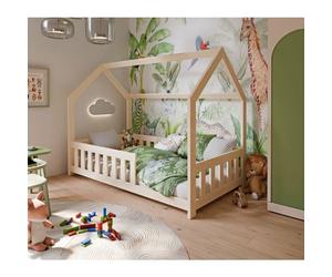 DUBI - Lit cabane pour enfant 80 x 160 cm naturel avec sommier, barrières de sécurité et matelas