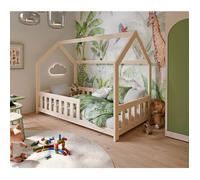 KOBI Lit Enfant | Maison en Bois Naturel Non Vernis | 80x160 cm | Sécurisé avec Barrière | Stéré Flex | Montage Facile | Design Écologique et Fonctionnel