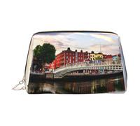 Dublin Irlande Ha Penny Bridge River Trousse de maquillage en cuir avec fermeture éclair sur le dessus, doré, Taille unique