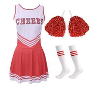 DUBTEDHOU Tenue de Pom-Pom Girl, Ensemble Uniforme de Pom-Pom Girl 5 pièces, Lettres imprimées, Multicolore, S-XL, Pompons et Chaussettes(Red,M)