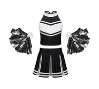 DUBTEDHOU Tenue de Pom-Pom Girl, Ensemble Uniforme de Pom-Pom Girl for Filles, avec Hauts, Jupe, Fleurs à Main, Tailles Multicolores 8-16(Black,8)