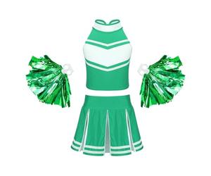 DUBTEDHOU Tenue de Pom-Pom Girl, Ensemble Uniforme de Pom-Pom Girl for Filles, avec Hauts, Jupe, Fleurs à Main, Tailles Multicolores 8-16(Green,8)