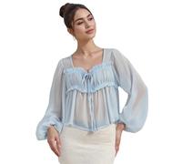 Dubute Chemisier de plage à manches longues avec col en V et nœud sur le devant pour femme avec bordure en dentelle, bleu, S