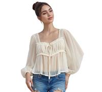 Dubute Chemisier de plage à manches longues avec col en V et nœud sur le devant pour femme avec bordure en dentelle, Laiteux, S