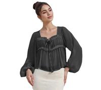 Dubute Chemisier de plage à manches longues avec col en V et nœud sur le devant pour femme avec bordure en dentelle, Noir , XL