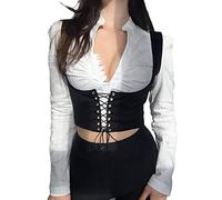 Dubute Femmes Casual Crop Tie Up Corset Body Shaper Gilets pour Sexy Col V Chemise À Manches Longues (Black, L)