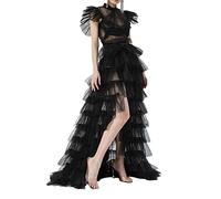 Dubute Jupe longue en tulle à volants en dentelle pour femme - Longueur au sol - Pour soirée de mariage, Noir , taille unique