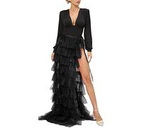 Dubute Jupe longue en tulle à volants pour femme - Jupe longue en dentelle - Longueur au sol - Robe de soirée superposée - Jupe de fête de mariage, a-noir, taille unique