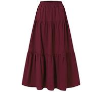 Dubute Jupe longue évasée vintage avec taille élastique et ourlet large pour femme, rouge vin, XXXXL