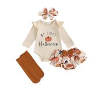 Dubute Mon Premier Halloween Ensemble pour Bébé Fille Nouveau-né Costume d'Halloween Citrouille Barboteuse Tutu Jupe Robe avec Serre-tête Mignon Ensemble de 4 Pièces, 3-6 mois