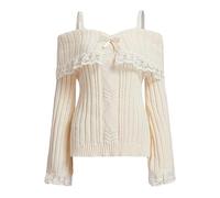 Dubute Pull Y2k pour femme avec épaules dénudées et épaules dénudées en dentelle tricotée avec nœud sur le devant, blanc, XL