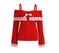 Dubute Pull Y2k pour femme avec épaules dénudées et épaules dénudées en dentelle tricotée avec nœud sur le devant, Rouge, XL