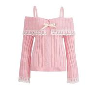 Dubute Pull Y2k pour femme avec épaules dénudées et épaules dénudées en dentelle tricotée avec nœud sur le devant, rose, S