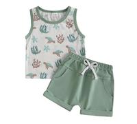 Dubute Vêtements d'été pour bébé garçon avec débardeurs, camisoles et shorts pour nouveau-né, tenue de plage d'été, Tortue verte, 18-24 mois