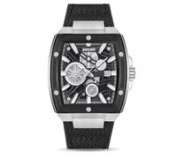 DUCATI DT002 Montre Homme Design Industriel Boîtier Rectangulaire 40mm Cadran Noir Semi Transparent 3 Aiguilles et Date Résistant à l'Eau Bracelet Cuir Noir Base Silicone Bracelet Noir