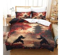 Duel de Samouraïs-Style Art Guerrier Japonais Housse De Couette Parure De Lit Adulte avec Fermeture Éclair Ensemble De Literie Microfibre 3 Pièces Simple（135x200cm）