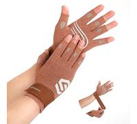 Duerer Gants de compression pour l'arthrite avec sangle - Pour homme et femme - Pour le canal carpien, les rhumatismes, les tendinites, douleurs la main - Gants sans doigts pour ordinateur (Brun, L)