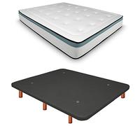 Duérmete Online Base tapissée 3D renforcée Anti-Bruit + Matelas viscoélastique Bio Max Pieds en Bois Couleur Cerisier, Gris, 90 x 180 cm