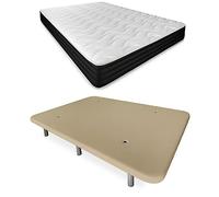 DUÉRMETE ONLINE Lit Complet avec Matelas Pocket Visco Réversible + Base Rembourrée Renforcée Beige 6 Pieds Bois 90 x 190