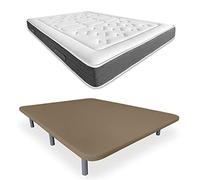 DUÉRMETE ONLINE Pack Base tapissée 3D renforcée Anti-Bruit avec 5 Barres de Renfort + Matelas à mémoire de Forme Bio Nature + 6 Pieds métalliques filetés de 27 cm, 105 x 190, Beige