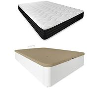 DUÉRMETE ONLINE Pack Matelas viscoélastique Pocket Visco réversible + sommier en Bois Rabattable Grande capacité, Blanc, 135 x 190 cm