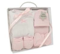 Duffi Baby Set de première mise pour nouveau-né 5 pièces. Ensemble cadeau pour bébé avec veste, guêne, bonnet, bavoir et moufles. 100 % coton. Couleur rose