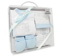 Duffi Baby Set première mise bébé nouveau-né 5 pièces. Set cadeau original pour bébé avec veste, guêne, bonnet, bavoir et moufles. 100 % coton. Couleur bleue