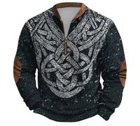 Duffle Coat Homme Pull mi-lourd à col rond et fermeture éclair quart de tour,doublé polaire,orné d'un motif de mythologie nordique Couche intérieure chaude et douce,vêtement d'hiver décontracté