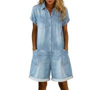 DUHENWU Combinaison en jean pour femme - Courte - Manches courtes - Denim - Une pièce - Couleur unie - Romper - Plage - Élégant - Voyage - Fleurs - Baggy - Avec poche - Salopette de travail pour femme