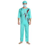 DUHENWU Costume de médecin zombie pour homme - Costume de chirurgien d'horreur avec haut, pantalon, bonnet et masque de médecin - Costume pour homme - Costume pour Halloween, carnaval, costume de