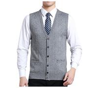 DUHENWU Gilet en tricot sans manches pour homme - Col en V - Cardigan en maille fine - Pull avec boutonnière - Sans manches - Costume d'affaires décontracté - Gilet en tricot avec poches, gris, M