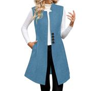 DUHENWU Gilet long et élégant pour femme - Couleur unie - Sans manches - Une rangée - Long blazer - Gilet étroit - Avec poches - Manteau de transition tendance - Automne et hiver, O bleu., S
