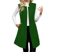 DUHENWU Gilet long et élégant pour femme - Couleur unie - Sans manches - Une rangée - Long blazer - Gilet étroit - Avec poches - Manteau de transition tendance - Automne et hiver, O Vert., XXL