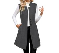 DUHENWU Gilet long et élégant pour femme - Couleur unie - Sans manches - Une rangée - Long blazer - Gilet étroit - Avec poches - Manteau de transition tendance - Automne et hiver, O gris., L