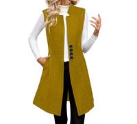 DUHENWU Gilet long et élégant pour femme - Couleur unie - Sans manches - Une rangée - Long blazer - Gilet étroit - Avec poches - Manteau de transition tendance - Automne et hiver, O jaune., S