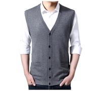 DUHENWU Gilet sans manches en tricot pour homme - Coupe ajustée - Pull classique - Business - Gilet de golf en laine - Tricot fin - Col en V - Avec boutons, gris, XL