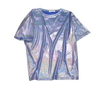 DUHENWU Haut métallique pour femme - T-shirt à manches courtes - Argenté - Couleur unie - Col rond brillant - Pour club de danse - Carnaval - Fête - Clubwear - Tenue disco des années 70 et 80, X1 bleu