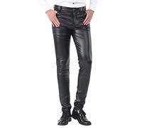 DUHENWU Jean en cuir synthétique pour homme - Effet mouillé - Long - Coupe ajustée - Confortable - Stretch - Noir - Pantalon de motard - Avec poches - Brillant - Coupe-vent, O Noir., XXL