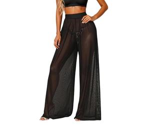 DUHENWU Pantalon d'été au crochet pour femme - Pantalon de plage tricoté transparent - Avec taille élastique - Taille haute - Pantalon en maille bohème - Pantalon évasé - Cordon de serrage - Pantalon