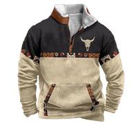 DUHENWU Pull en polaire pour homme - Imprimé Cowboy Bull Head - Fermeture éclair 1/4 - Col montant - Manches longues - Confortable - Vintage - Coupe ajustée - Chaud - Sans capuche, O blanc., XL