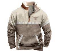 DUHENWU Pull en polaire pour homme - Imprimé Cowboy Bull Head - Fermeture éclair 1/4 - Col montant - Manches longues - Confortable - Vintage - Coupe ajustée - Chaud - Sans capuche, O gris clair, XL