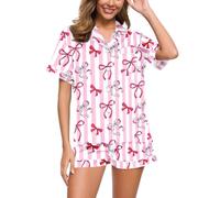 DUHENWU Pyjama d'hiver court pour femme - Avec boutons - 2 pièces - Manches courtes - Doux et confortable - Avec poches et cordon de serrage - Pour la Saint-Valentin, O rose., M