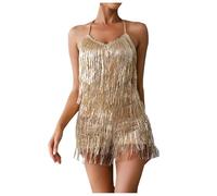 DUHENWU Robe à franges dorées avec plumes - Tenue disco - Col en V - Sexy - Courte - Robe de danse latine - Robe des années 20 - Robe à franges pour femme - Robe à paillettes - Sans manches - Robe