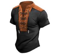 DUHENWU T-shirt pour homme - Vintage médiéval - Avec lacets - Manches courtes - Vintage - Bloc de couleurs - Pull col en V - Chemise d'été à lacets - Coupe droite - Chemise décontractée, O Noir., M