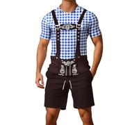DUHENWU Tenue complète pour homme Oktoberfest - Costume allemand bavarois pour la fête de la bière - Avec bretelles amovibles - Chemise traditionnelle à carreaux et pantalon en cuir - Tenue rétro 2