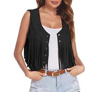 DUHENWU Vêtement hippie pour femme - Sans manches - Costume de carnaval - Gilet disco - Gilet à franges - Boléro - En daim synthétique - Sans manches - Cardigan, O Noir., M