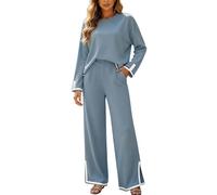 DUHENWU Y2K Clothes Combinaison d'été 2 pièces en tricot pour femme - Tenue élégante - 2 pièces - Sweat-shirt haut et pantalon - Tenue décontractée - Combinaison esthétique, O bleu clair, S